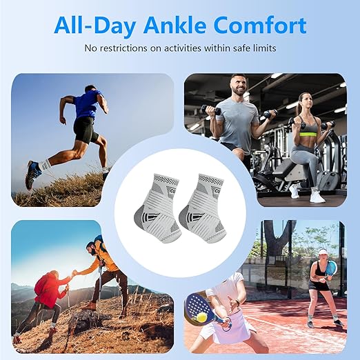 DRNAIETY Copper Ankle Brace for Men & Women - 1 Pair Adjustable Ankle Support Compression Sleeve for Plantar Fasciitis, Achilles Tendonitis, Foot Pain, Swelling, Sprains - Everyday Use (Grey, Large)