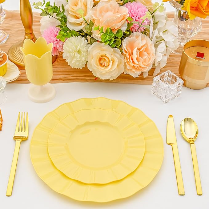 60Pcs Yellow Plates, Heavy Duty Ware Yellow Plastic Plates Disposable, Fancy 30 Dinner & 30 Dessert Plates for Spring Easter Party Wedding(30Guests)