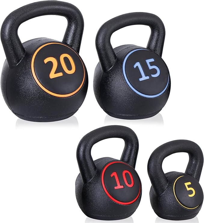 4-Piece Kettlebells Weights Set, Wide Grip Strength Training Soft Kettlebell, Exercise Fitness Concrete Weight, Full Body HIIT Workout, Weights for Women at Home 5 lbs 10 lbs 15 lbs and 20 lbs lb Dumbbells