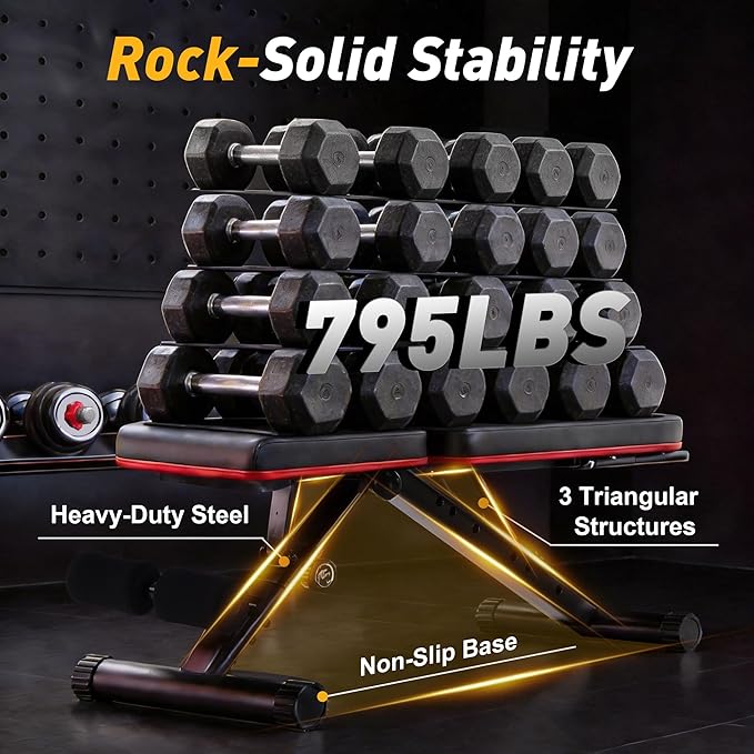 Adjustable Weight Bench, Workout Bench 795 lbs Capacity with 72 Multi-Position Settings, Foldable Incline Decline Flat Exercise Bench for Bench Press, Sit Up, and Strength Training