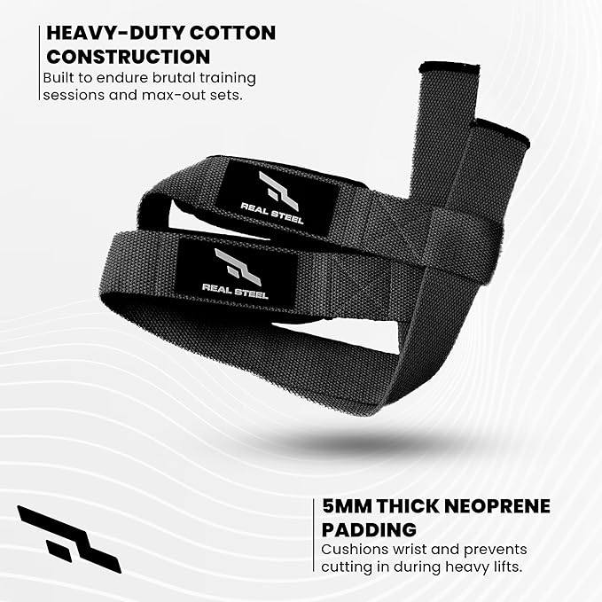Real Steel Lifting Wrist Straps for Weightlifting, Bodybuilding, Powerlifting, Strength Training, & Deadlifts - Padded Neoprene with 24 inch Cotton