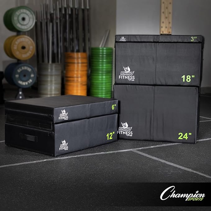 Champion Sports Foam Plyometric Box Set with 3", 6", 12", 18", and 24" Included - Durable Jump Boxes for Training with Handles, Hook and Loop Flaps - Stackable Cross Traning Plyo Box, Jumps for Gym