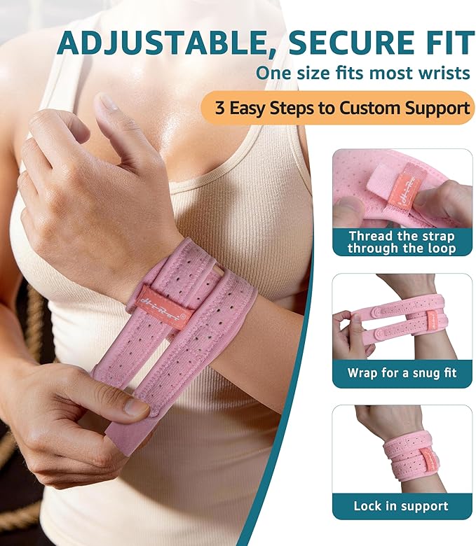 HiRui Wrist Brace for TFCC Tears, Adjustable Wristband Wrist Wraps Support for Fitness Weightlifting Tennis Tendonitis Carpal Tunnel Arthritis Pain Relief, One Size Adjustable (Pink, 2 Pack)