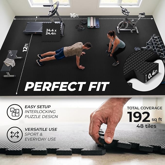 bemaxx Gym Mats Set - 48 pcs EVA Interlocking Foam Floor Tiles (24.4"x24.4"x0.4") 192 sqft Protective Gym Flooring Sports Home Workout Exercise Mats Puzzle Garage Fitness Play-Room Pool Treadmill Bike
