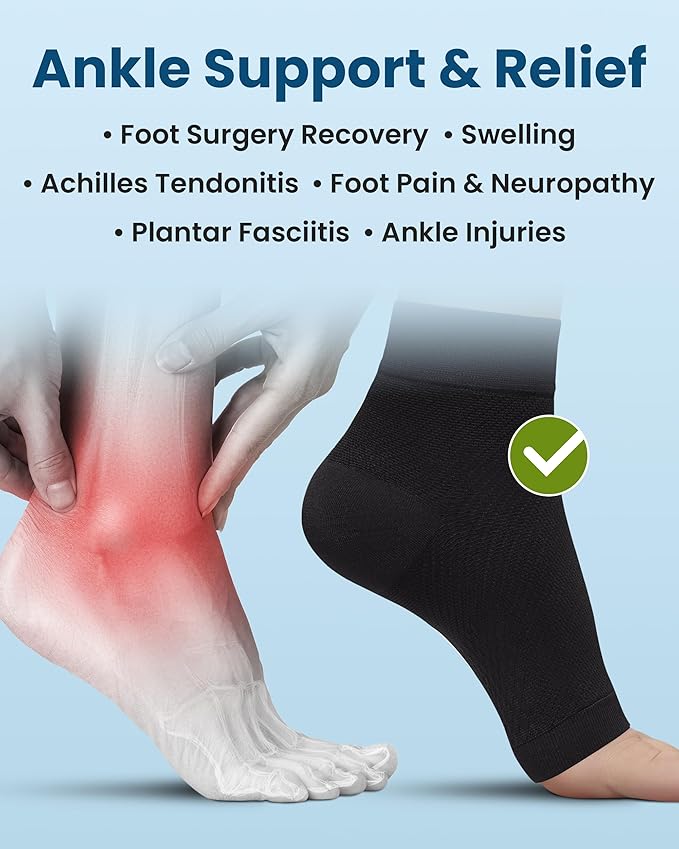 KEMFORD Ankle Compression Sleeve - 1-Pair, Plantar Fasciitis Braces - Open Toe Compression Socks for Swelling, Sprain, Neuropathy, Arch Support for Men and Women