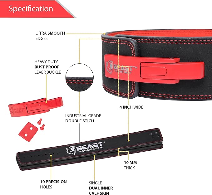 Beast Power Gear Weight Lifting Belt Lever Buckle 10MM 13MM Thick & 4 Inches Free Strap Weightlifting, Powerlifting, Deadlifts, Squats Men Women