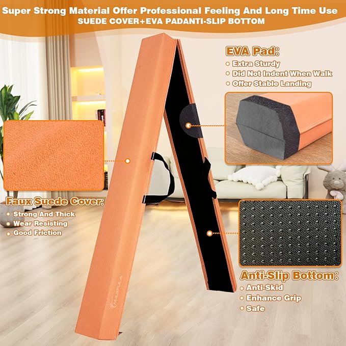 MARFULA 6 FT / 8 FT / 9 FT Folding Gymnastics Beam Foam Balance Floor Beam - Extra Firm - Suede Cover - Anti Slip Bottom with Carry Bag for Kids/Adults Home Use
