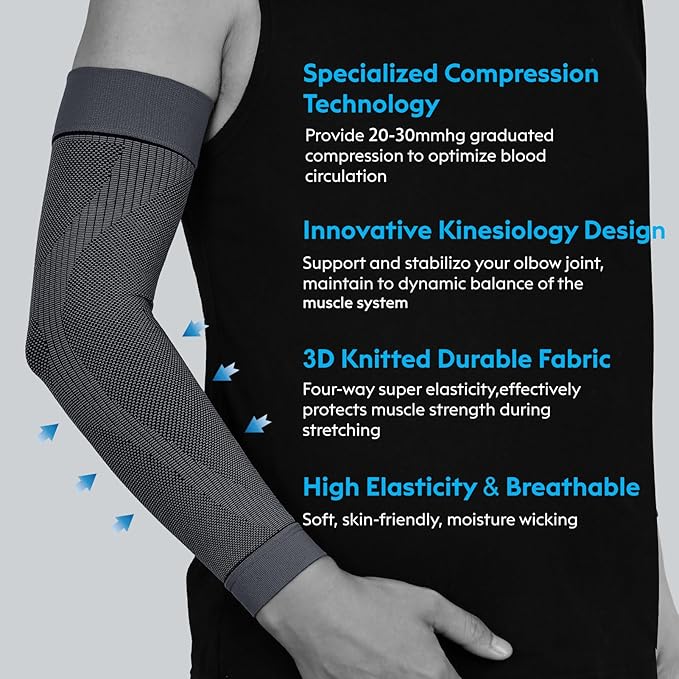KEKING® Compression Arm Sleeves, Pair, Firm 20-30mmHg Graduated Compression Full Arm Support for Recovery, Pain Relief, Tendonitis, Golfers & Tennis Elbow Brace, Workouts Sports - Latex Free Grey S