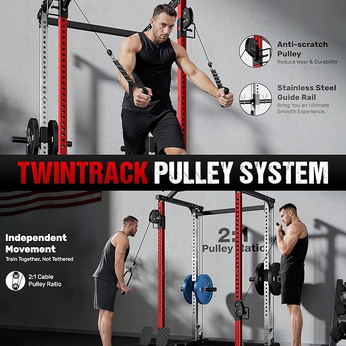 DP01 Power Cage, 2000LBS Squat Rack with with Cable Crossover and Dual Independent Pulley System, Full Cage for Full Body Training, Power Rack with More Training Attachments for Home Gym