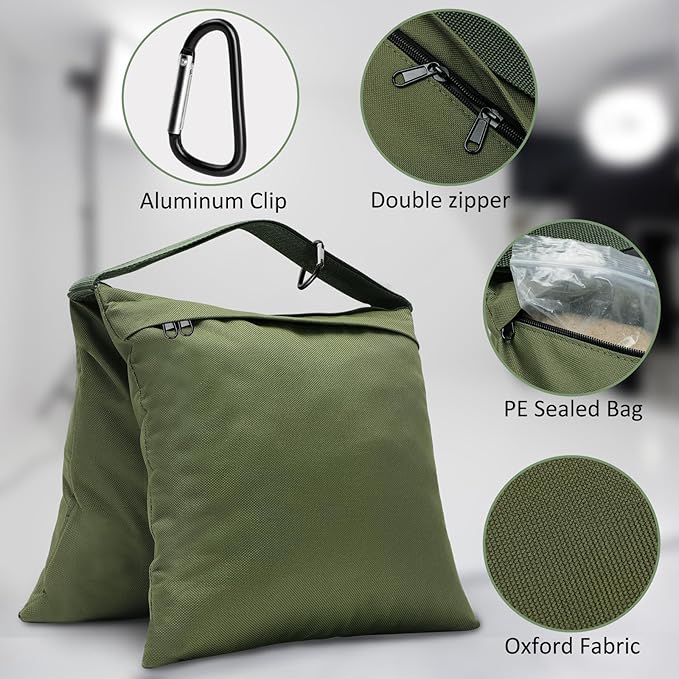 Aimosen 4 Packs Sandbags Military Green Weight Bags for Light Stand, Heavy Duty Saddlebags for Photography Backdrop Stand, Photo Video Tripod, Pop up Tent, Umbrella Base, Fishing Chair, Picnic Table