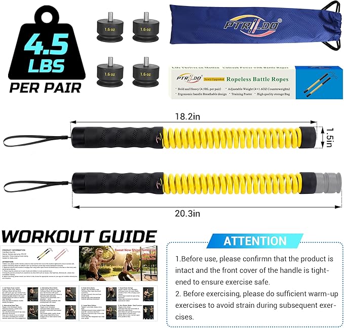 Weighted Cordless Battle Ropes for Home Gym & Apartment with 3 Adjustable Resistance Levels-Ropeless Battle Ropes for Strength Training,HIIT,Full Body Exercise Includes Workout Guide & Storage Bag