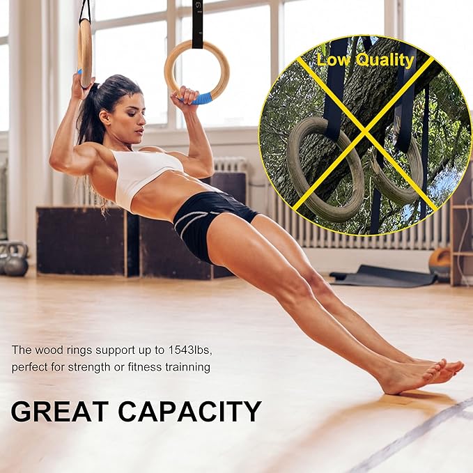Wood Gymnastic Rings with Adjustable Number Suspension Trainer Straps with Cam Buckle 15ft Olympic Rings 32/28mm Heavy Duty 1543/992lbs for Pull Up Bar Workout Exercise Gym Hanging Rings Indoor