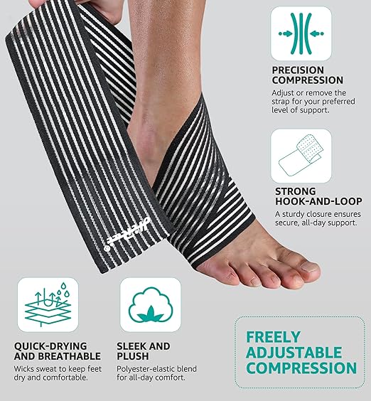 HiRui Foot & Ankle Brace 2 Pack, Adjustable Compression Wrap for Men & Women – Helps with Sprains, Plantar Fasciitis, Achilles Tendonitis, Arthritis, Running, Sports, Gym – Fits in Shoes (Black)
