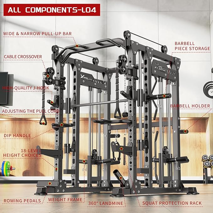 Multi-Purpose Squat Rack,Smith Machine Weight Rack Set with Cable Crossover System, Home Gym Power Racks, Power Racks and Packages