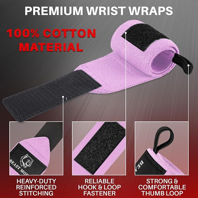 TECEUM Weightlifting Wrist Wraps with Thumb Loop – Pink – Beast Mode – 12 inch – Heavy-Duty Workout Wrist Support & Protection – Ideal for Powerlifting, Strength Training, Bodybuilding