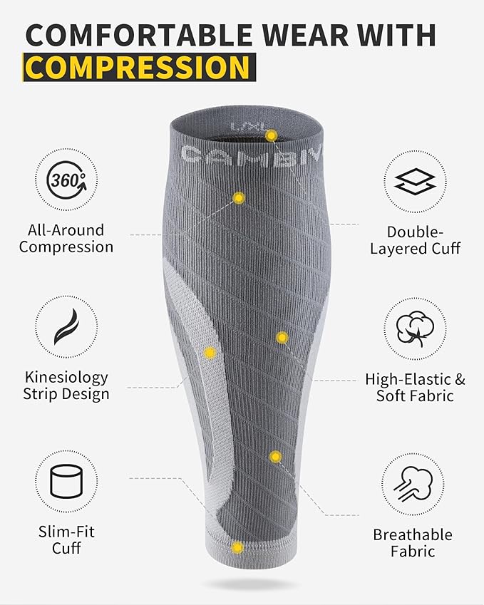 CAMBIVO 3-Pair Calf Compression Sleeves for Men & Women – Footless Socks for Shin Splints & Leg Pain Relief, 1 Pair Available