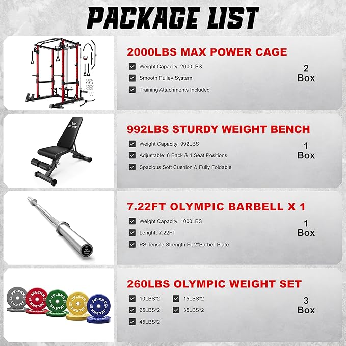 JELENS C12 Squat Rack for Home Gym, 2000LBS Power Rack with Adjustable Pulley System, Power Cage Workout Equipment with LAT Pulldown and Training Attachment