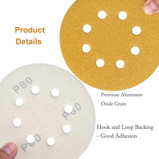 5-Inch 8-Hole Hook and Loop Sanding Discs, 60/80/120/220/400 Assorted Grits Gold Sanding Disc for Random Orbital Sander, 50-Pack