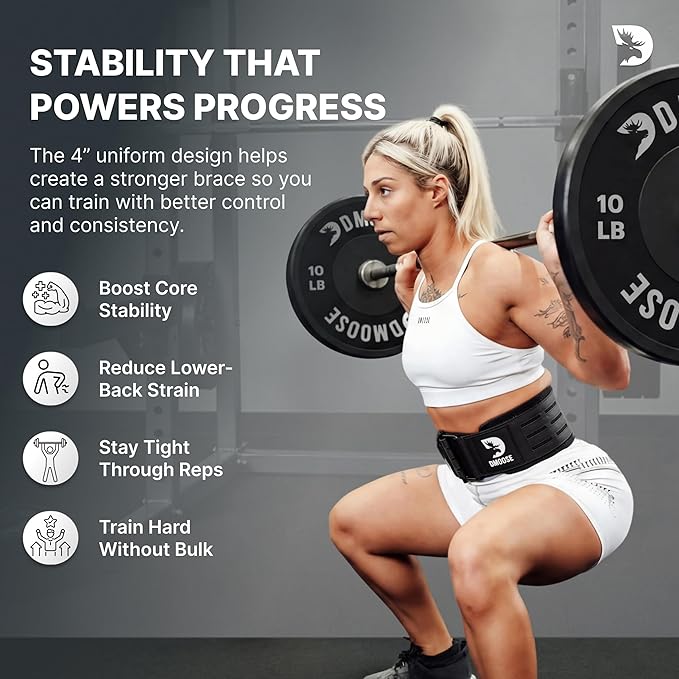DMoose Weight Lifting Belt - Auto Locking Gym Belt for Olympic Training, WOD, Cross Training for Men and Women - 4" Nylon Workout belt with Adjustable Buckle - Provides Lumbar Support and Stability