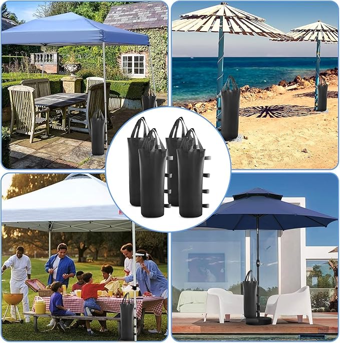 4-Pack Canopy Sand Bags for Weights, Waterproof, Durable, & Heavy Duty Black Sandbags with Double Handles for Stability - Perfect for Beach, Outdoor Canopy Tent, Sun Shelter, Gazebo (Without Sand)