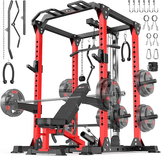 Power Cage Multi-Function Power Rack with Cable Crossover System,1500 LBS Capacity Squat Rack with Weight Bench,for Home Gym