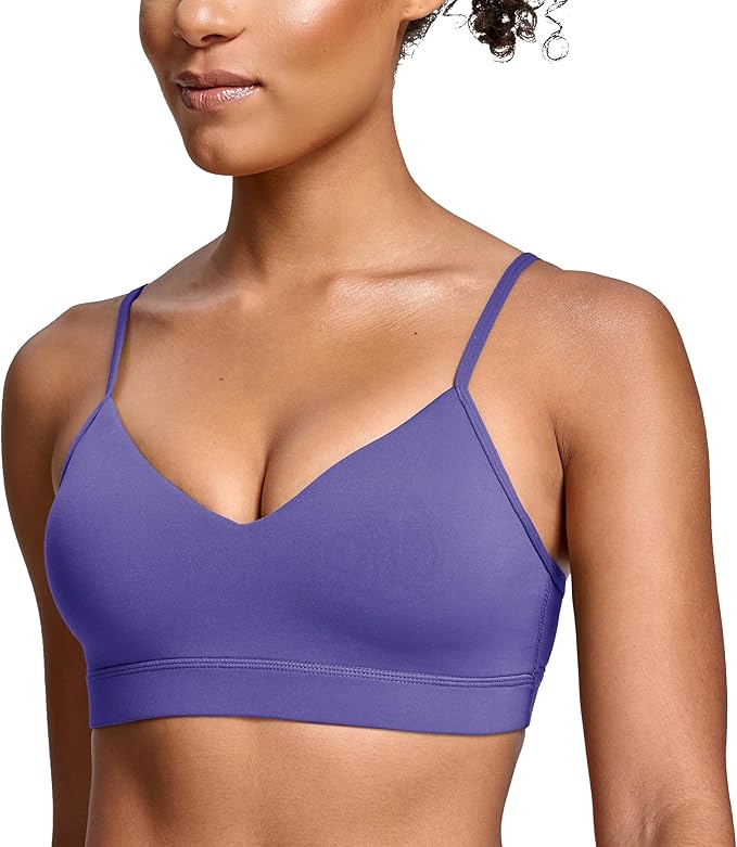 Oalka V Neck Sports Bra for Women Adjustable Padded Thin Straps Wireless Yoga Bras