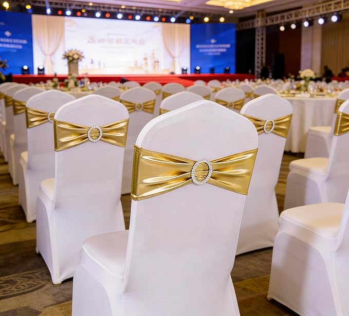 Wedding Spandex Metallic Gold Chair Sashes 100 Pack Chair Bands with Buckle Bronzing Gold Chairs Bows for Party Birthday Bridal Shower Engagement Anniversary Christmas Event Decorations