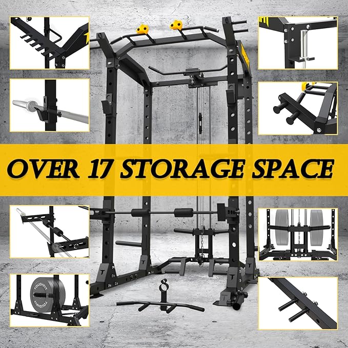 ToughFit 2024 Upgraded T2 Power Cage Muti-Function Power Rack with LAT Pulldown System Squat Rack with Weights and Bar Set for Home Gym with Unique Training Attachment