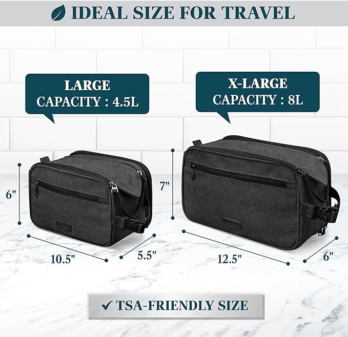 PAVILIA Toiletry Bag for Men, Canvas Dopp Kit, Travel Essentials Organizer, Water-Resistant Shaving, Grooming Kit, Large Hanging Bathroom Accessories Cosmetic Bag, Black