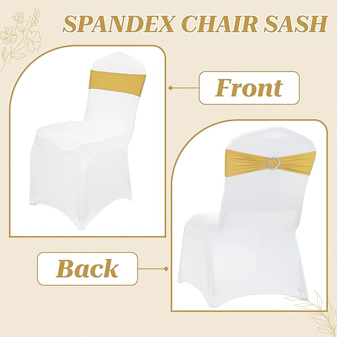 MDS-MEGADECORSUPPLY Chair Sashes, Pack of 100 Gold, Spandex, Stretch Chair Cover Bands with Buckle Slider for Wedding and Events Decoration