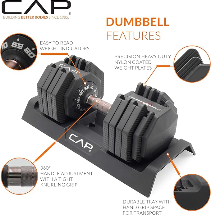 CAP Barbell ADJUSTABELL Adjustable Round Dumbbell Weights - Singles & Pairs | 12.5 lb, 25 lb & 55 lb | Multiple Handle Options