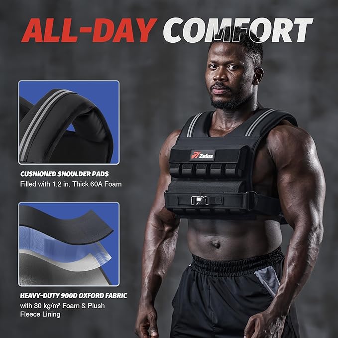 ZELUS Weighted Vest Men, 23/36/45 lb. Weight Vest with 10/16/20 Adjustable Iron Weights for Muscle Building Strength & Functional Training, Weighted Vest for Men with Reflective Strips.