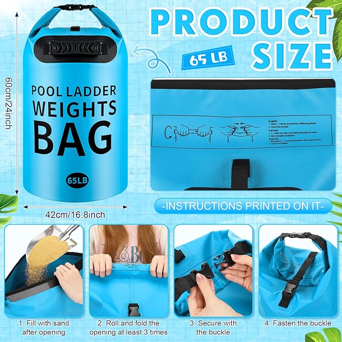 Soulchen 2 Pack 30L/65LB Heavy Duty Pool Ladder Weights, 500D PVC Waterproof Foldable Sandbags for Above Ground Pool Step Sand Bags, Fillable Stair Weight Anchor Bag (Lake Blue)