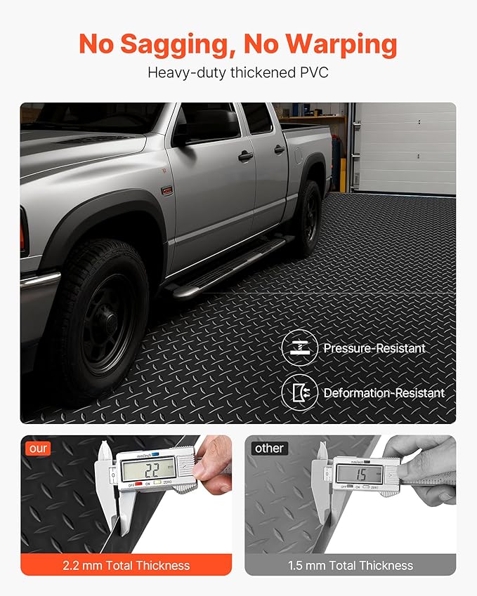VEVOR Garage Floor Roll, 4 x 7 ft Garage Flooring Mat, 2.2 mm Thickened PVC Diamond Plate Floor Protector Mat with Double-Sided Tape, Non-Slip, Easy to Clean for Warehouse, Gyms, Trailer, Black