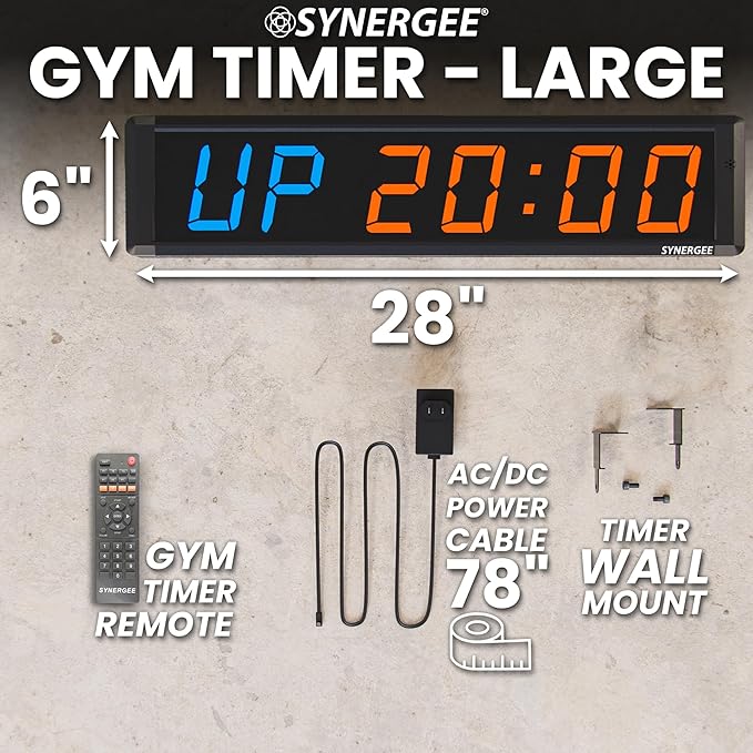 Synergee 28' Workout Interval Timer. Programmable Wall Mounted Gym Timer with Wireless Remote. Tabata EMOTM Stopwatch Count Up/Down MMA Clock