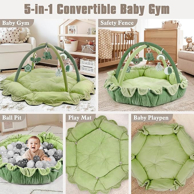 5-in-1 Plush Baby Play Gym, Activity Mat with Convertible Gym, Baby Gym 6 Sensory Toys, Play Center for Newborn to Toddler, Green