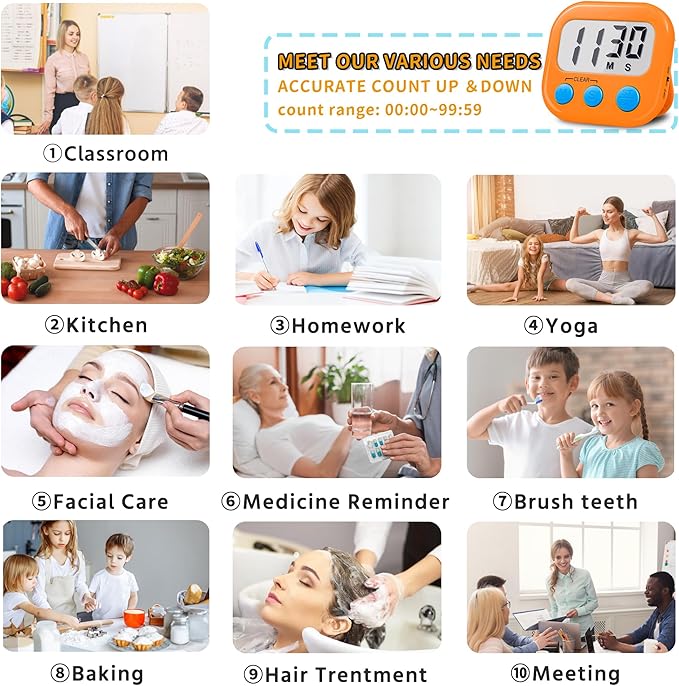 Timer for Kids Teachers Supplies Digital Kitchen Timers for Cooking Large Magnetic Classroom Timer 4Pack-Orange Green