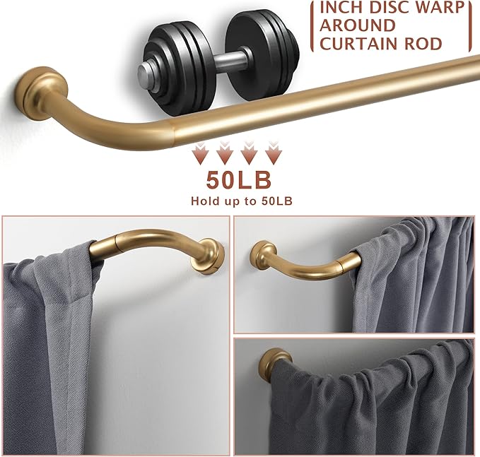 Warm Gold Curtain Rods 2 Pack,1 Inch Disc Curtain Rods for Windows 100 to 150",Blackout Wrap Around Curtain Rod with Aluminum Finials and Brackets,No Screw Disassembly Adjustable Curved Curtain Rod