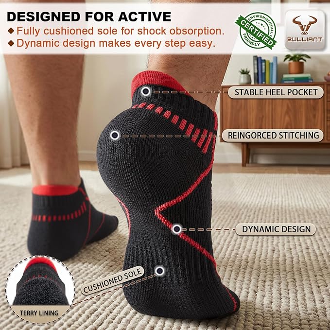BULLIANT Men Running Socks,Active Ankle Socks No Show For Men With Cushioned Footbed Arch Support Breathable Wicking
