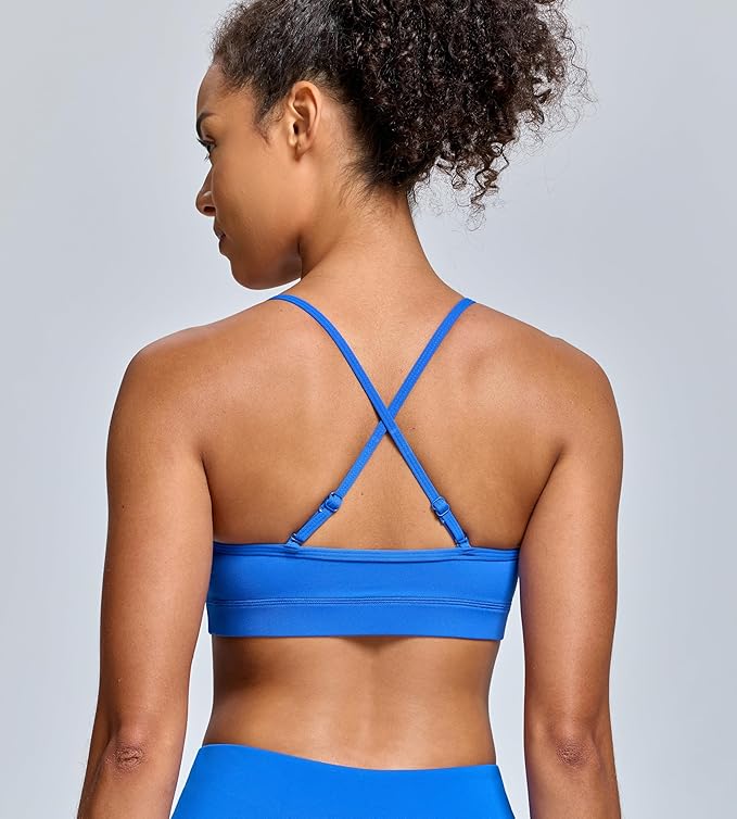 Oalka V Neck Sports Bra for Women Adjustable Padded Thin Straps Wireless Yoga Bras