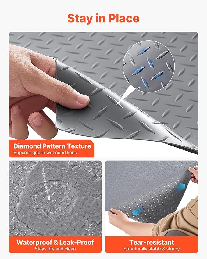 VEVOR Garage Floor Roll, 7.5 x 17 ft Garage Flooring Mat, 2.2 mm Thickened PVC Diamond Plate Floor Protector Mat with Double-Sided Tape, Non-Slip, Easy to Clean for Warehouse, Gyms,Silver Gray