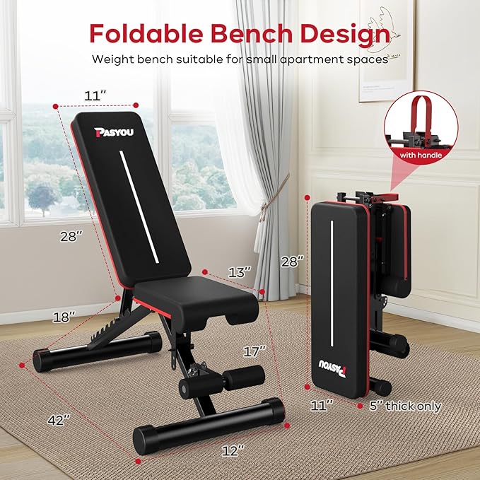 PASYOU Adjustable Foldable Weight Bench for Home Gym with 660LBS, Workout Bench for Incline Decline Flat Bench Press, Full Body Strength Training, Ideal for Small Space Apartment