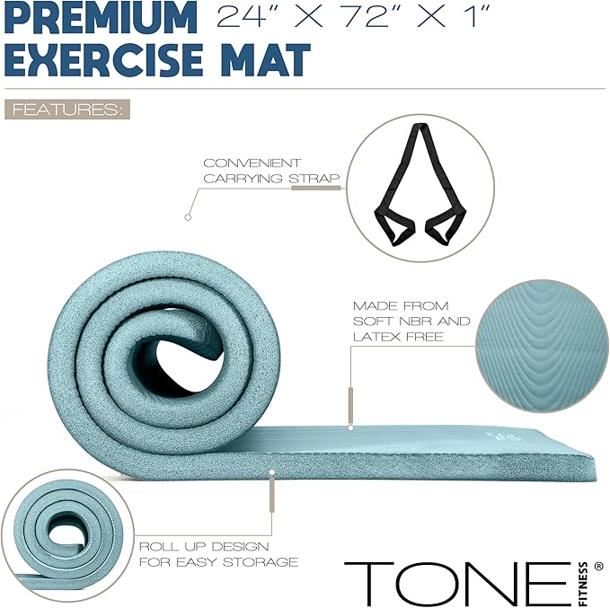 Tone Fitness 1-Inch Thick Yoga Mat | High-Density, Non-slip Exercise Mat with Carrying Strap for Yoga, Pilates, & Home Gym Workouts | Multiple Options
