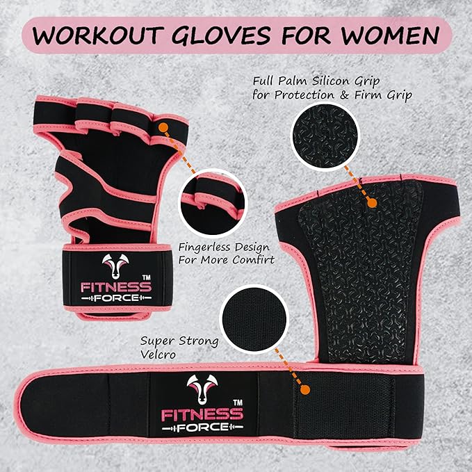 FITNESS FORCE Ventilated Weightlifting Gloves Workout Gloves for Men & Women with Built-in Wrist Wraps Fingerless Gym Gloves for Men Perfect for Exercise Fitness, Weight Lifting, Cross Training