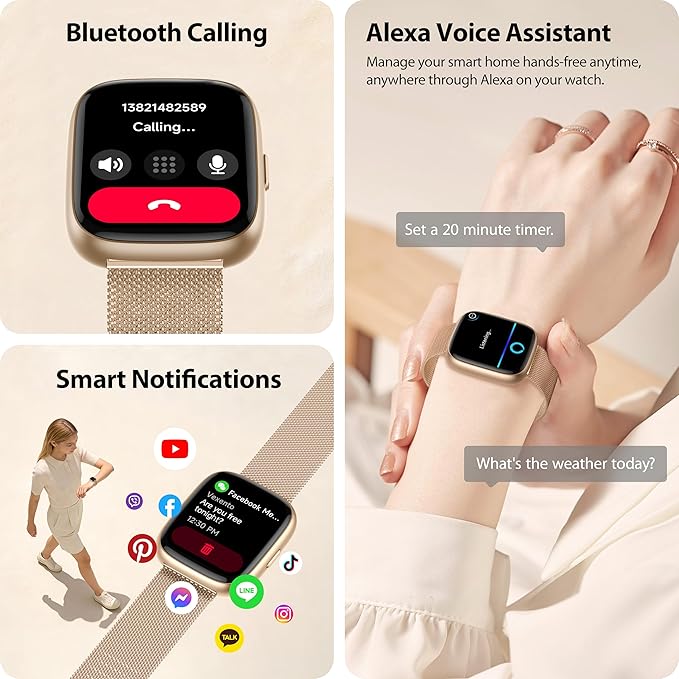 Smart Watch for Women with Alexa Built-in, 1.83" HD Touchscreen Fitness Tracker with Bluetooth Calls, Heart Rate/Sleep Monitor, 120+ Sports Fitness Watch, IP68 Waterproof Smartwatch for Android iOS