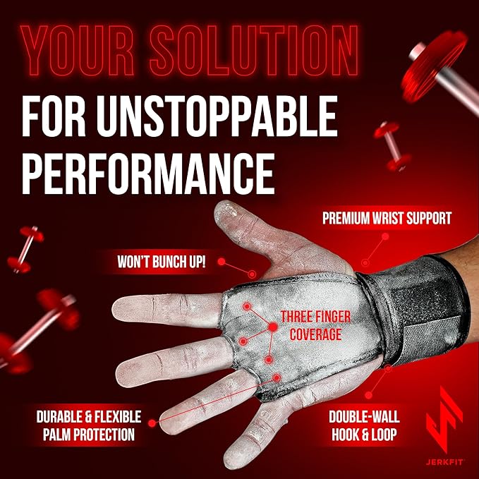 JerkFit WODies Gymnastics & Weightlifting Grips with Wrist Wraps – 3 Hole Versatile Gym Gloves for Pull Ups, Gym Training & Cross Training – Hand Grips Palm Protector for Men & Women