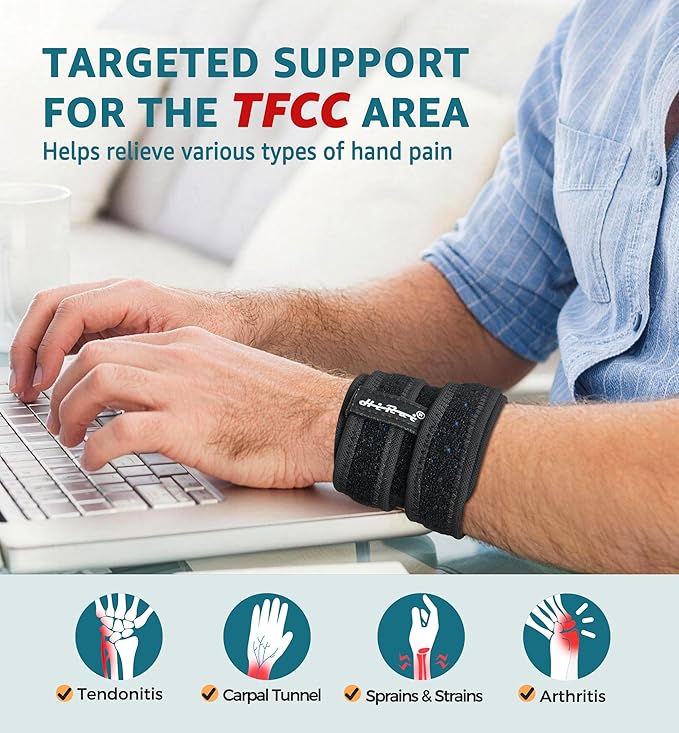 HiRui Wrist Brace for TFCC Tears, Adjustable Wristband Wrist Wraps Support for Fitness Weightlifting Tennis Tendonitis Carpal Tunnel Arthritis Pain Relief, One Size Adjustable (Black, 2 Pack)