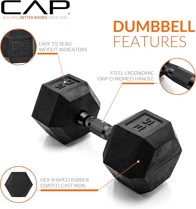 CAP Barbell Coated Hex Dumbbell Weight - Single | 10-120 lbs | Multiple Options