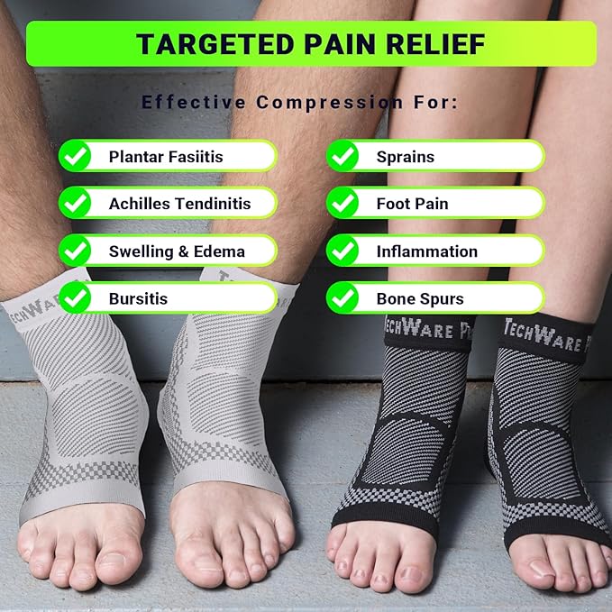 TechWare Pro Ankle Brace Compression Sleeve - Plantar Fasciitis Sock. Relieves Achilles Tendonitis. Foot Arch Support Reduces Joint Pain, Swelling & Heel Spur Pain. Injury Recovery Braces for Sports