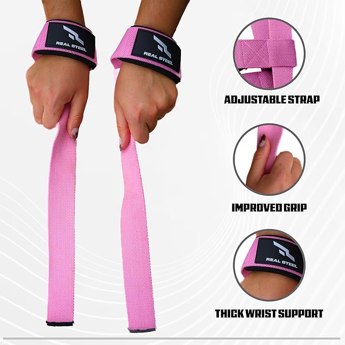 Real Steel Lifting Wrist Straps for Weightlifting, Bodybuilding, Powerlifting, Strength Training, & Deadlifts - Padded Neoprene with 24 inch Cotton